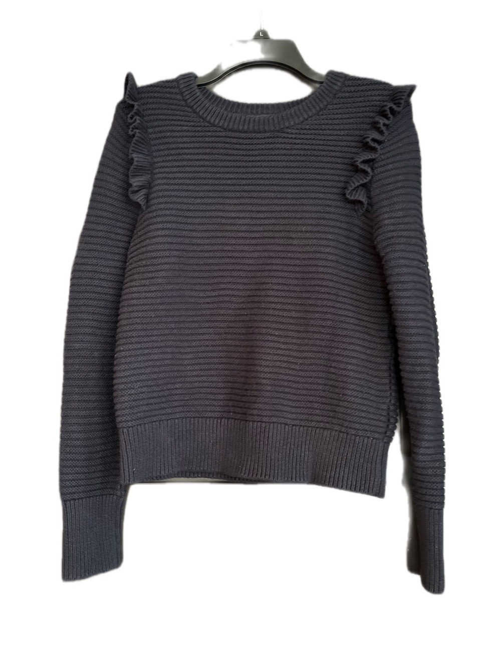 Banana Republic Ruffle Shoulder Ribbed Knit Sweater Navy Blue Crewneck Preppy M